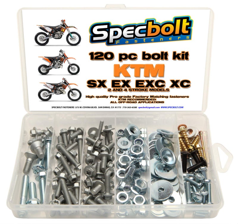 Specbolt Fasteners 120pc Specbolt Bolt Kit fits: KTM SX EX EXC MX Dirtbike OEM Spec Fastener. This Includes 2 Strokes: 50 60 65 85 105 125 250 300 360 380 550 4 Strokes: 250 350 400 450 500 520 525 530 620 640 - Image 1